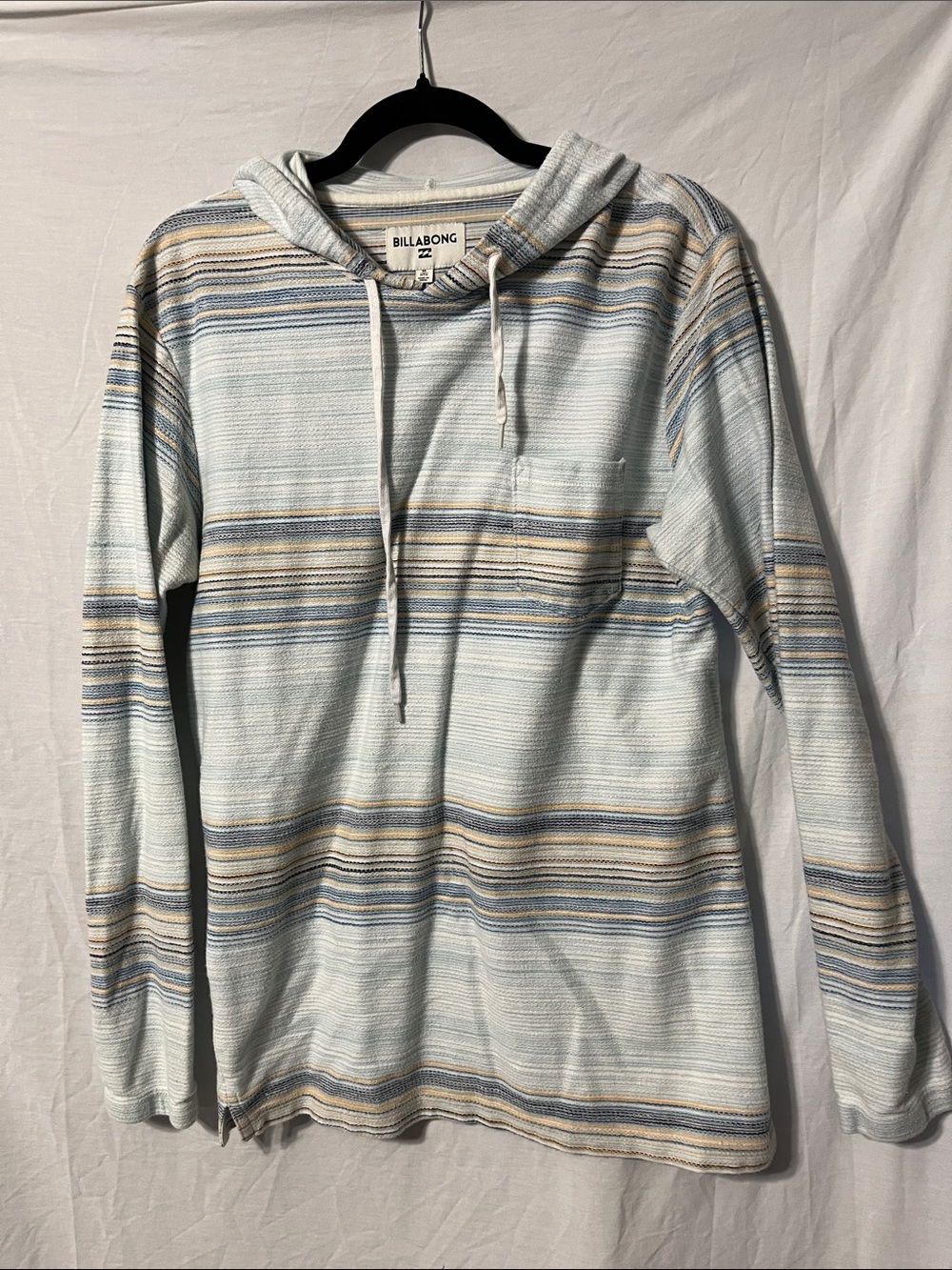 Billabong Light Blue and Beige Striped Hooded Long Sleeve Shirt - Picture 1 of 5